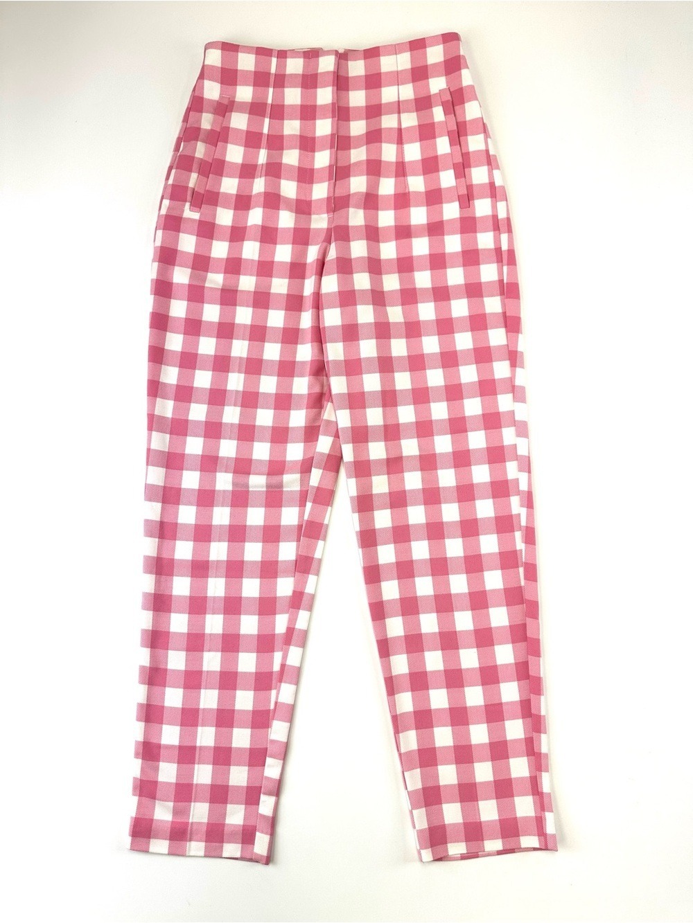Zara Pink White Gingham Pants High Waisted Straight Leg Ankle Small